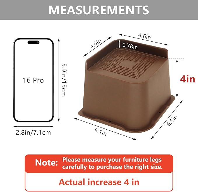 4 Pack Bed Risers 4 inch Heavy Duty Dark Brown, Oversized Furniture Risers, Bed Lifts Risers for Table, Sofa, Chair, Couch, Desk, Bed Frame Risers Supports Up to 6,500 Lbs