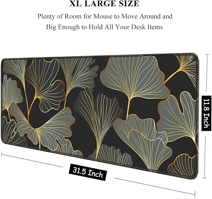 Auhoahsil Desk Pad, XL Extended Large Gaming Mouse Pad 31.5 x 11.8 Inch, Waterproof Mousepad with Stitched Edge, Non-Slip Computer Keyboard Laptop Mat for Women Men Office Work, Colorful Ginkgo Leaves