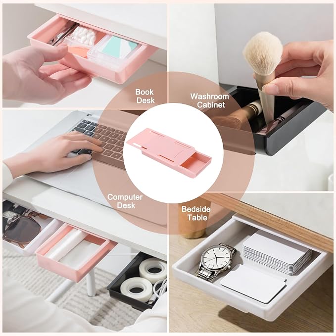 PATIKIL 2 Pack Under Desk Drawer Slide Out, 8.66 x 4.3" Plastic Table Storage Drawers Slide Out Storage Box for Laptop Study Desks Dining Dressing Tables Wardrobes Cabinets, Pink