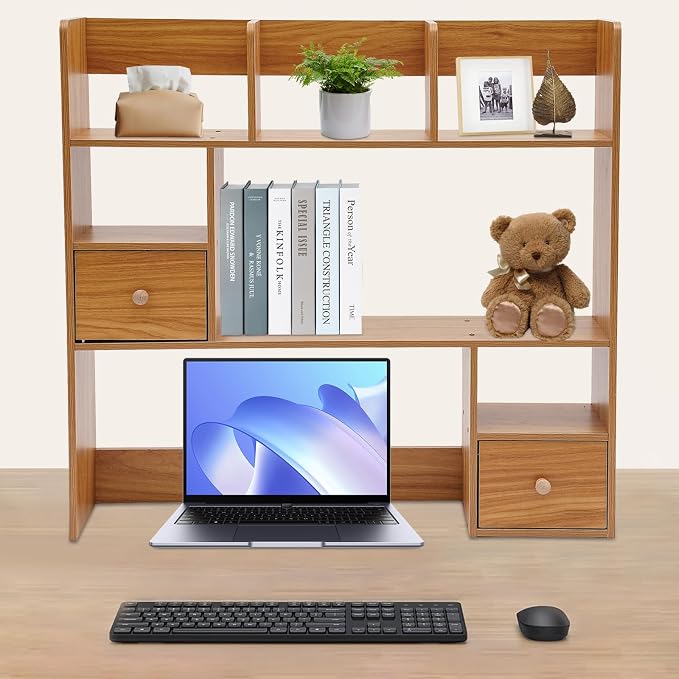 Desk Shelf, Wooden Office Desktop Display Organizer Rack with Handles, Adjustable 9 Compartment Storage Rack, Space Saving Desktop Bookshelf for Office Home Dorm (Pine Color)