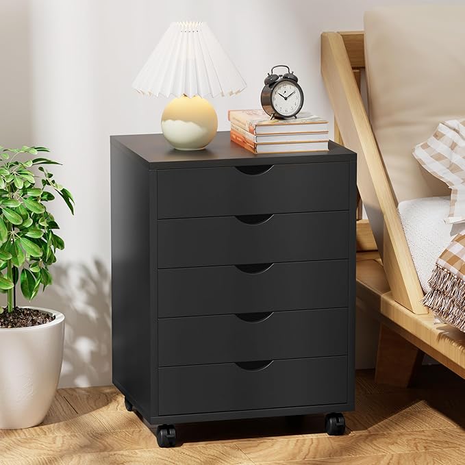 5-Drawer Chest, Office Storage Dresser File Cabinet with Wheels, Mobile Dresser for Home Office, Black