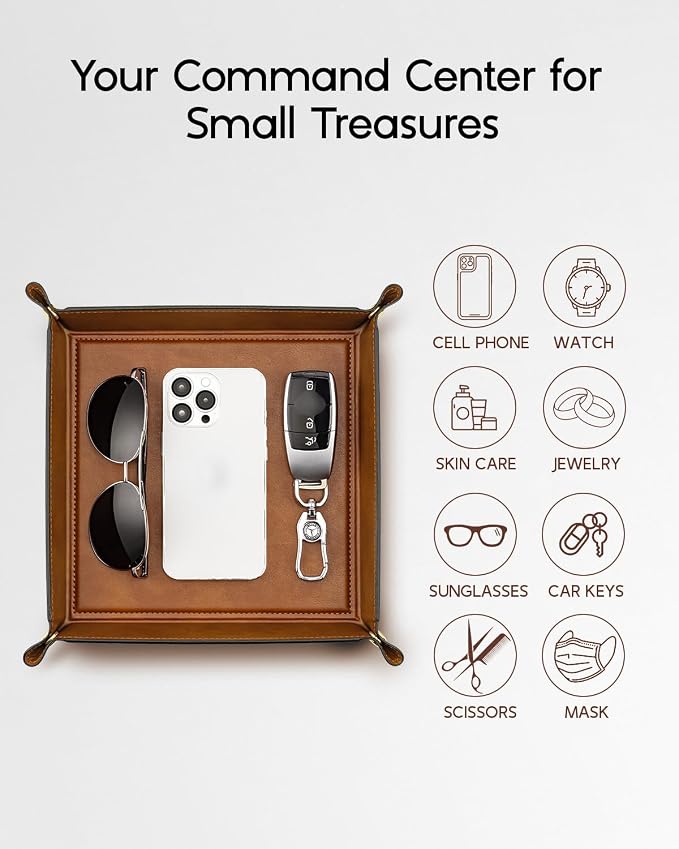 VLANDO Valet Tray Organizer, PU Leather Catchall Tray for Travel | Foldable valet tray for travel, hotel stays and daily carry items like keys, wallet, watch, jewelry and headphones