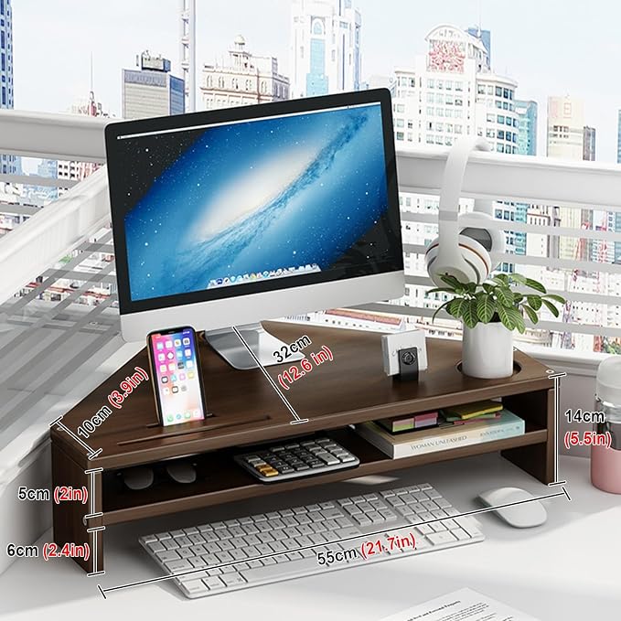 Corner Monitor Stand - 2-Tier Riser with Storage, Laptop Desk Organizer for Office and Study, Space-Saving Desktop Triangle Shelf