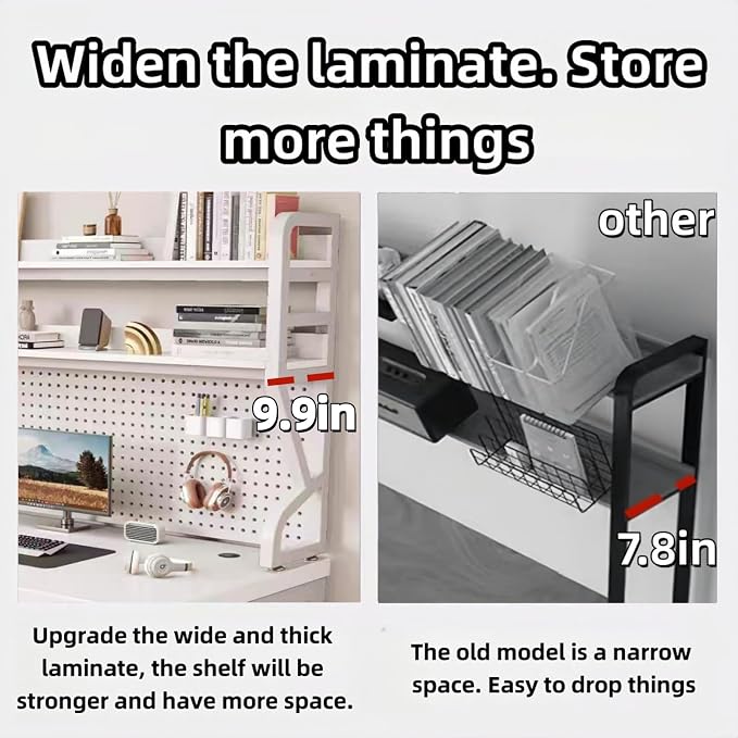 Desktop Hutch Bookshelf,Many Gifts,Metal Desktop Bookcase with pegboard, Desk Shelf, Countertop Storage Organizer Rack for Dorm or Office,Desktop Shelves (White, 45.3" Lx9.9 Wx39 H)
