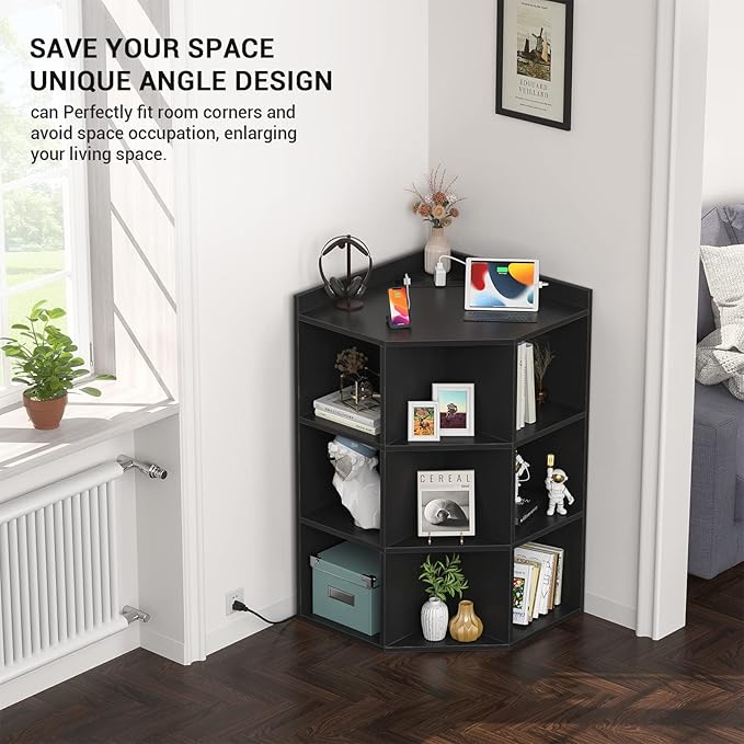 Aheaplus Corner Cube Book Shelf, 4-Tier Corner Cabinet with Power Outlets, Corner Cube Storage Shelf with Top Table, Wooden L Shaped Cubby Bookcase for Home Office, Bedroom, Living Room, Black