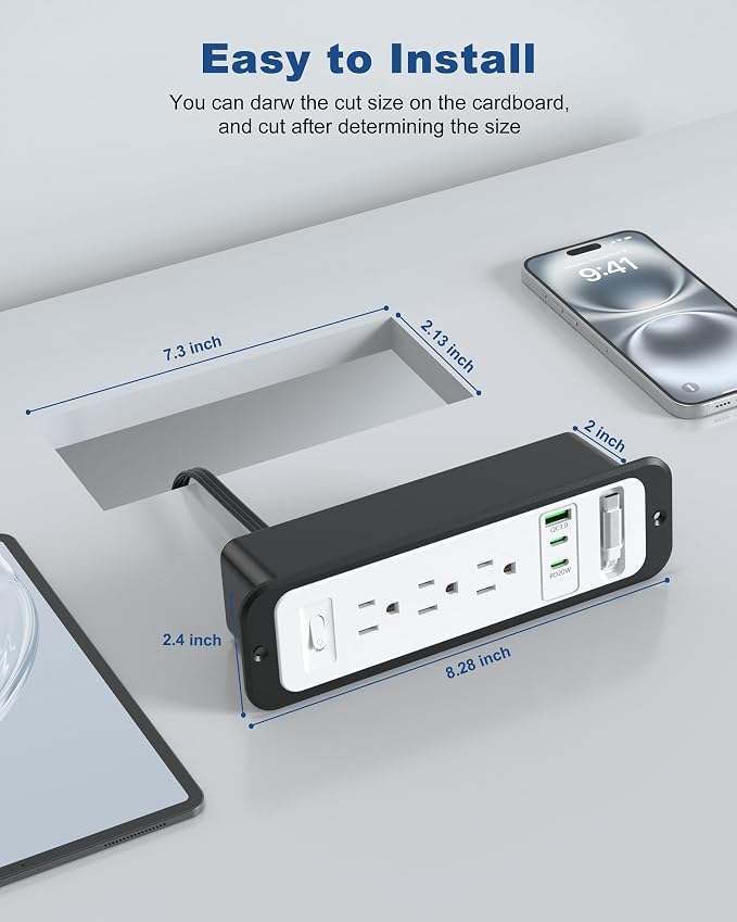 Recessed Power Strip with Retractable USB C Cable,2 PD 20W USB C,Flush Mount Countertop Drawer Outlet, Furniture Hidden Outlet for Side Table,End Table,3 Outlets (White and Black, 6FT-20W)