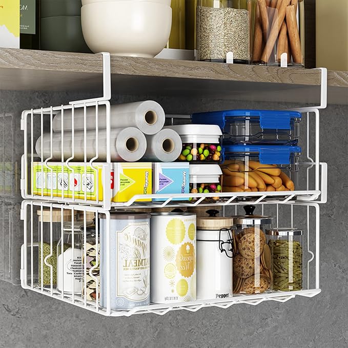 Hanging Under Shelf Storage Basket, 2 Pack Foldable Under Cabinet Metal Desk Storage Wire Rack Organizer for Kitchen Pantry Bookshelf Office Home, Easy to Install Slide-in Under Shelves (White)