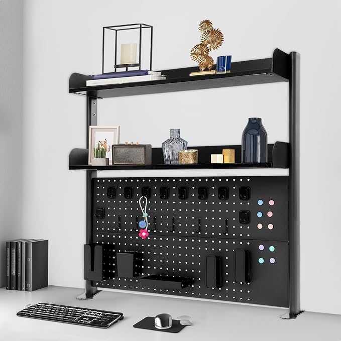 Clamp On Desk Organizer Shelf, Pegboard Multipurpose Countertop Desk Hutch, Desktop Bookshelf Bookcase Storage Shelves for Home Office Dorm Gaming Desk (Black)