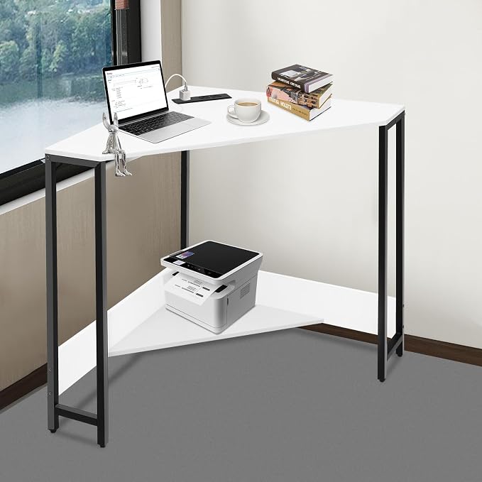 Corner Desk, Triangle Corner Computer Desk, 26.77 * 29.53in Modern Small WritingDesk with Power Outlets and USB Ports for Small Space, Home Office Desk, White