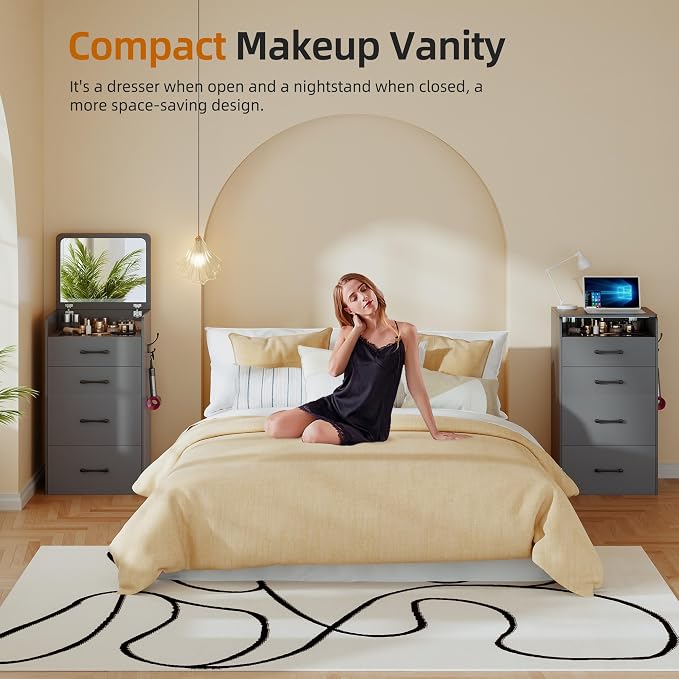 Gurexl 3 in 1 Vanity Desk with Flip Top Mirror,Small Compact Vanity with Visible Glass Desktop,Makeup Vanity Set with 3 Drawers,Cushioned Stool,Dressing Table for Bedroom,Grey