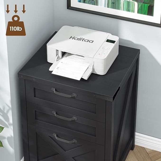 Halitaa 3 Drawer Small File Cabinet, Farmhouse Vertical Filing Cabinet Fits Letter and A4 Size, Under Desk Wooden File Cabinets for Home Office, Printer Stand, Black