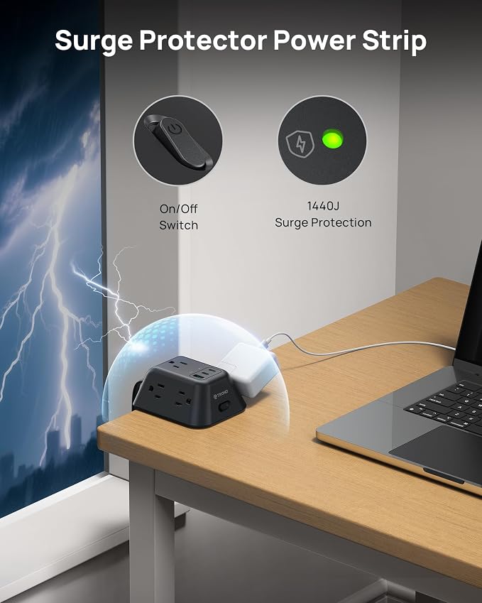 TROND USB C PD 20W Desk Clamp Power Strip, Desktop Surge Protector with 5 AC Outlets, 2 USB C Charging Station, Fit 1.97in Tabletop Edge Thick, 10ft Extension Cord for Home Office Accessories, Black