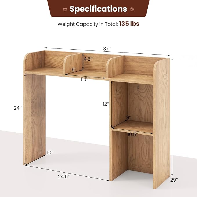 Desktop Bookshelf, 3-Tier Desk Organizer Shelves with 5 Display Rack, Countertop Storage Bookcase for Computer Desk, Desk Hutch Shelf for Top of Desk, Dorm, Home, Office (Natural)