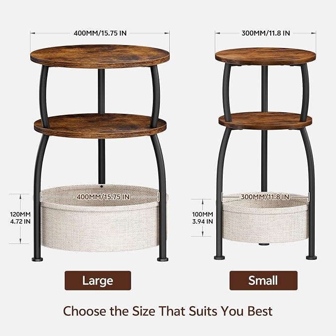 Round Side Table with Storage Basket, 15.75in Small Space Saving End Table 3-Tier Bedside Corner Table for Living Room, Bedroom, Garden, Sofa Side Table