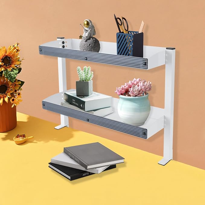Clamp-on Desk Shelf, 2-Tier Desktop or Under-Desk Shelving Adjustable Desktop Organizer for Office Bedroom (White)