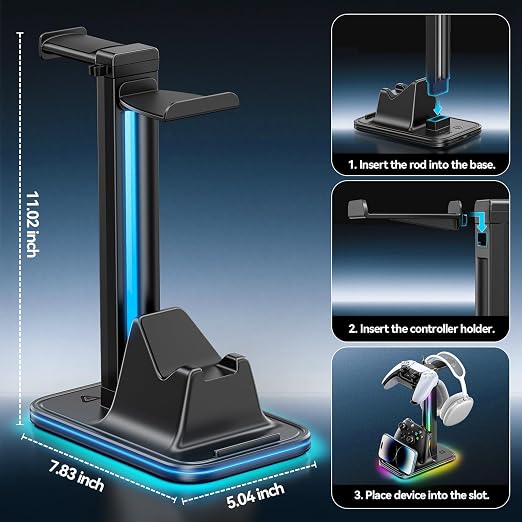 Kytok 4-in-1 Gaming Headset & Controller Stand for Desk, 360° Rotating Headphone Stand with Phone Holder, 10 RGB Modes for PC Gaming Enthusiasts, P5/SW/Xbx Controller Accessories