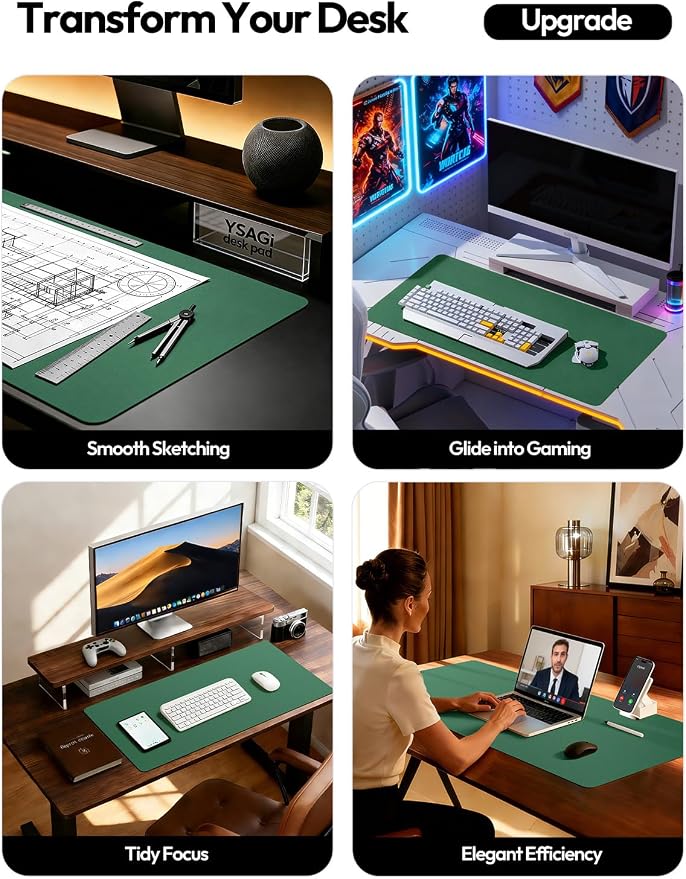 YSAGi Leather Desk Pad Protector, Office Desk Mat, Large Mouse Pad, Non-Slip PU Leather Desk Blotter, Laptop Desk Pad, Waterproof Desk Writing Pad for Office and Home (Jade Green, 35.4" x 17")