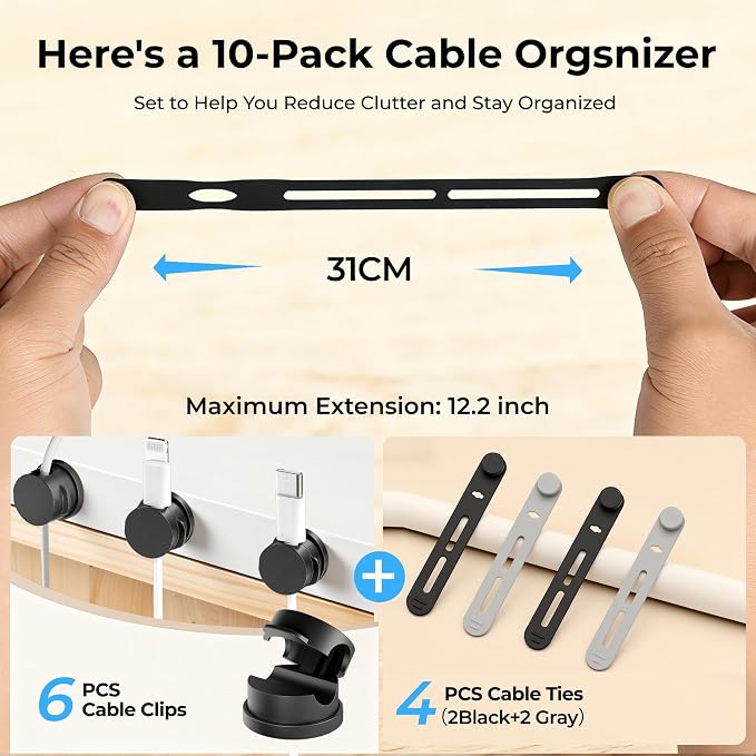 10 Pack Rotatable Cord Holder Organizer & Silicone Cable Straps Set | Adhesive Cable Clips Holder for Desk, Wall, Car - Wire Management Clips for iPhone Charger, USB, Computer Cables Cord Keepers