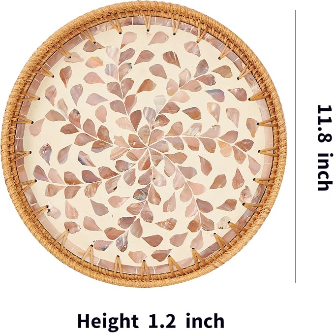 Kmelep Round Rattan Tray with Mother of Pearl Inlay, Rattan Serving Tray with Wooden Base, Decorative Wicker Basket for Table Decor, Storage and Display of Coffee Bread Food Fruit (Wicker)