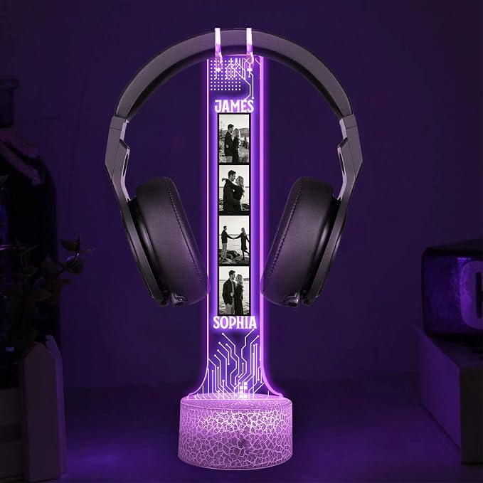Personalized Headphone Led Night Light, Custom Photo RGB Light Headset Holder, Gift for Couple, Boyfriend Gifts, Headphone Display with Photos, Gamers Room Decor, Valentines Day Gifts