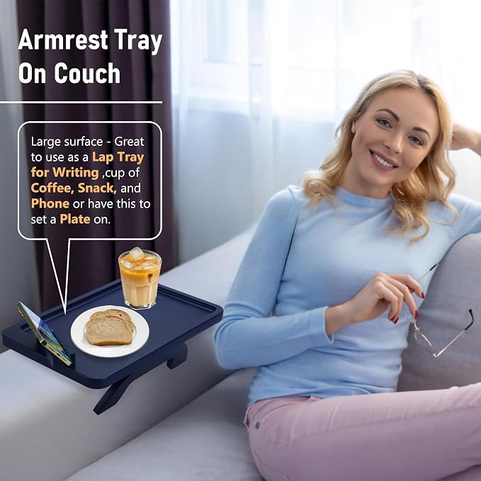 SINWANT Couch Armrest Table, Bamboo Couch Arm Table with 360° Phone Holder,Foldable Sofa Arm Tray for Eating Drinking Snacks Remote on Chair Armrest
