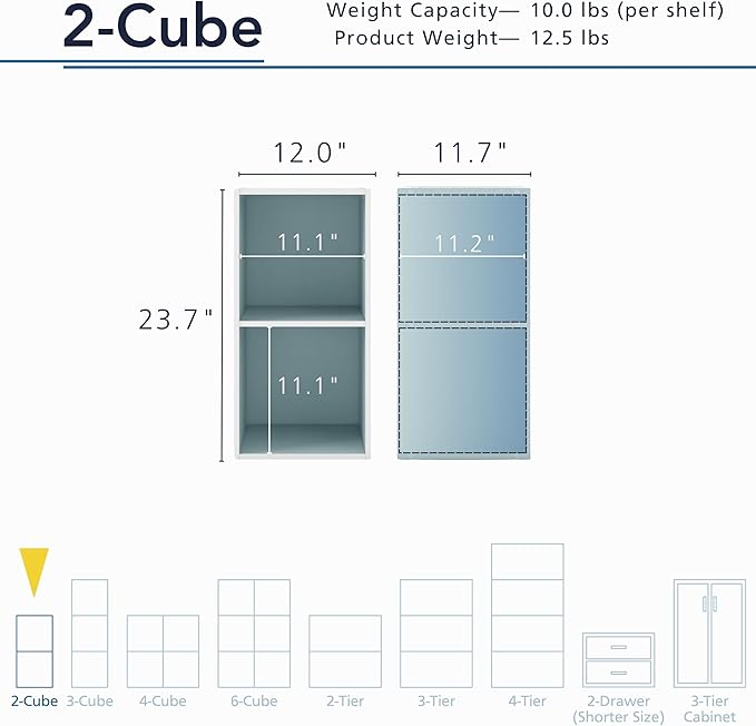 Homes: Inside + Out Apexa 2-Cube Storage Organizer Shelves, Stackable Wood Bookcase Fits Cubby Bins for Organization, Dorm Teen Room Decor & Home Office, Light Blue