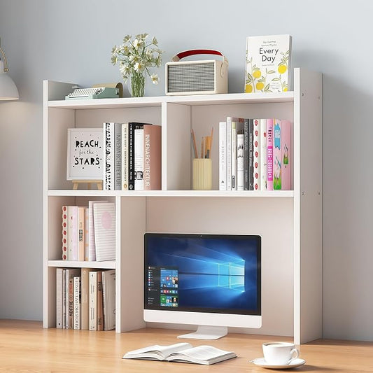Desk Hutch Dorm, Desktop Bookshelf Organizer, Multifunctional Wooden Shelf Rack with Storage for Dorm Room, Office, Study, Space-Saving Design(White,35.4x7.8x35.4in)