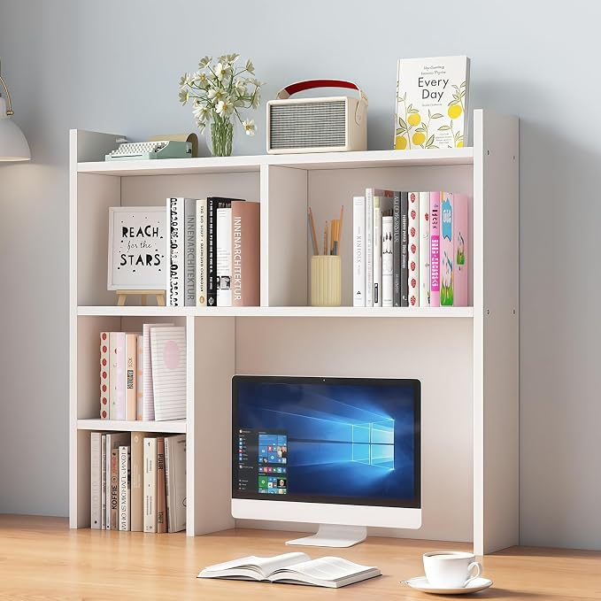Desk Hutch Dorm, Desktop Bookshelf Organizer, Multifunctional Wooden Shelf Rack with Storage for Dorm Room, Office, Study, Space-Saving Design(White,31.5x7.8x35.4in)