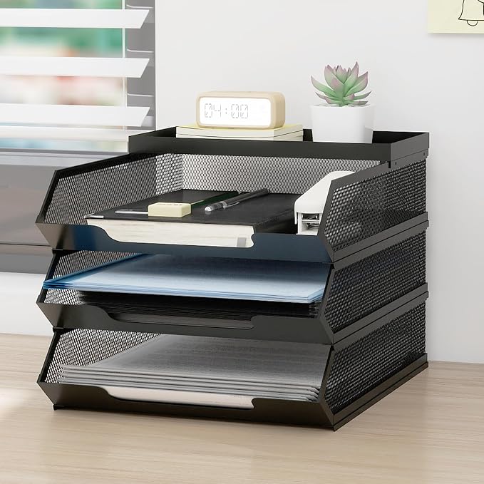 Natwind 3 Tier Stackable Paper Trays for A4 File,Desktop File Organizers for Office Supplies,Metal Mesh Desk Organizer,Mail Sorter Paper Tray with Top Tray,Letter Trays for Home,Office,School,Black