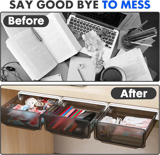Davidsons Collection Self-adhesive Under Desk Drawer, 2 Packs Table Hidden Organizer Slide Out Large Storage Desktop Pencil Tray for Office Home School Kitchen , Matte Black