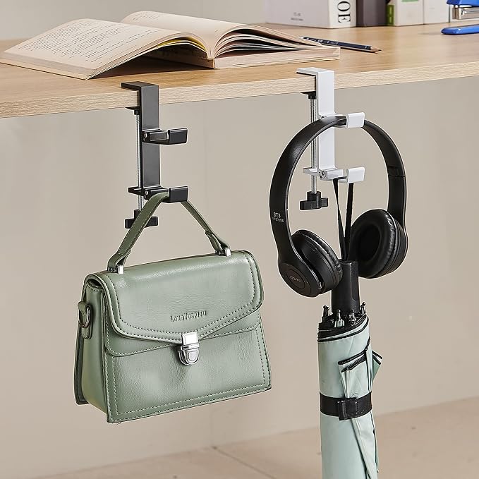 Heavyrain Desk Edge Headphone Holder and Bag Hook, Clamp-On Design, No Drill Installation, Metal, Black