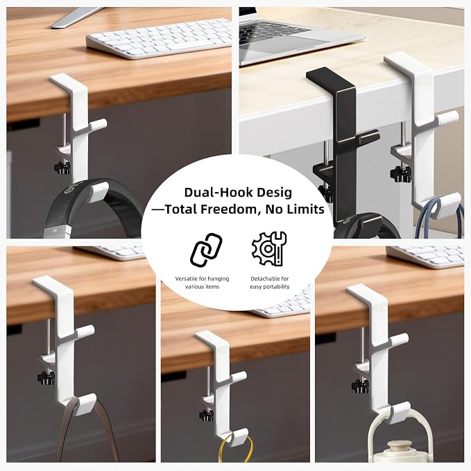 Desk Mount Bag Holder Hook Clamp,On Backpack Hanger Portable Desk Mount Headphones Holder for Reduce Desk Clutter Table Desk Table Hanging Storage (2 Pcs-Double Hook White)