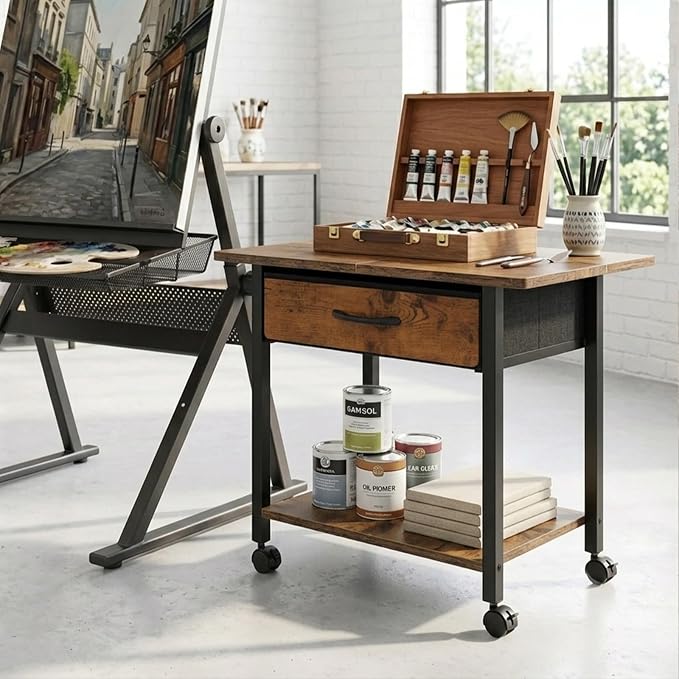 22" x 15" Under Desk Rolling Printer Stand, 2-Tier Industrial Mobile Printer Table with Strong Fabric Drawer,Storage Shelf, Steel Frame and Lockable Wheels, Printer Cart for Home Office (Rustic Brown)