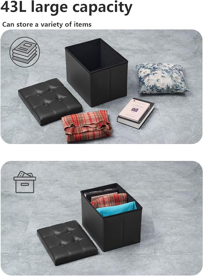 Bsketa 2PC Storage Ottoman, Folding Foot Stool with Thicker Foam Padded Seat Small Leather Storage Ottoman Bench Foot Rest for Living Room Foldable Coffee Table 17x13x13in,Black