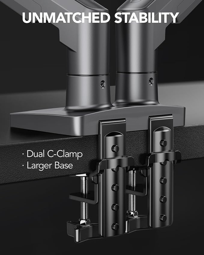 HUANUO Dual Monitor Stand, Fully Adjustable Monitor Desk Mount for 13–32″ Computer Screens, Full Motion VESA 75x75/100x100 with C-Clamp & Grommet Base, Each Arm Holds 4.4 to 19.8 lbs -Grey