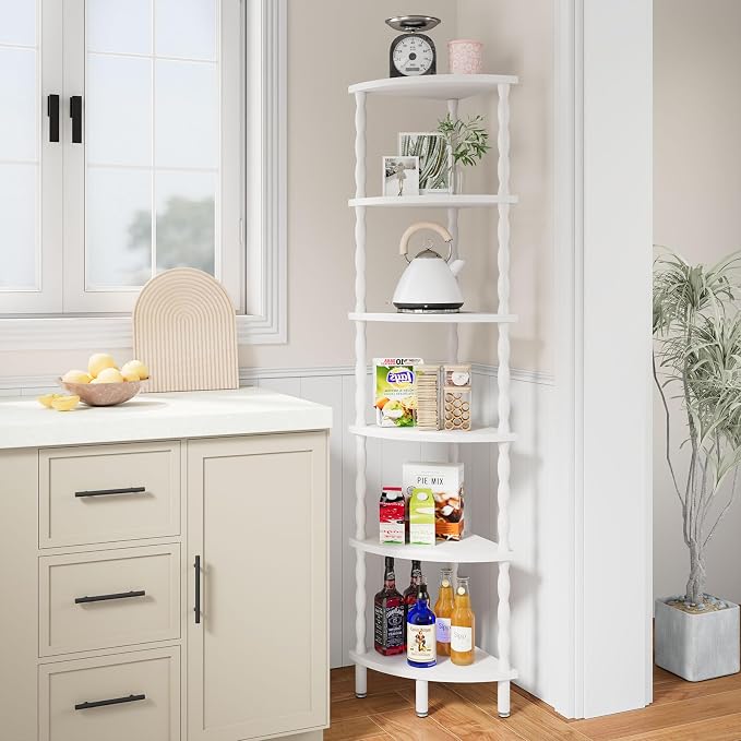 IBUYKE 6-Tier Corner Shelf,Stylish Corner Bookshelf for Small Spaces,Industrial Corner Storage Display Shelves,Small Corner Table for Bedroom,Bathroom,Kitchen, White WBC021W