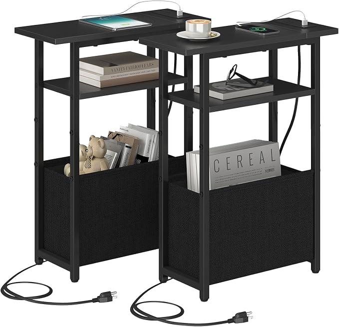 sthmec Narrow Side Table with Charging Station Set of 2, Small End Table for Small Spaces, Skinny Nightstands Set 2 with Storage Basket, 3 Tier Sofa Bedside Tables for Living Room,Bedroom, Black