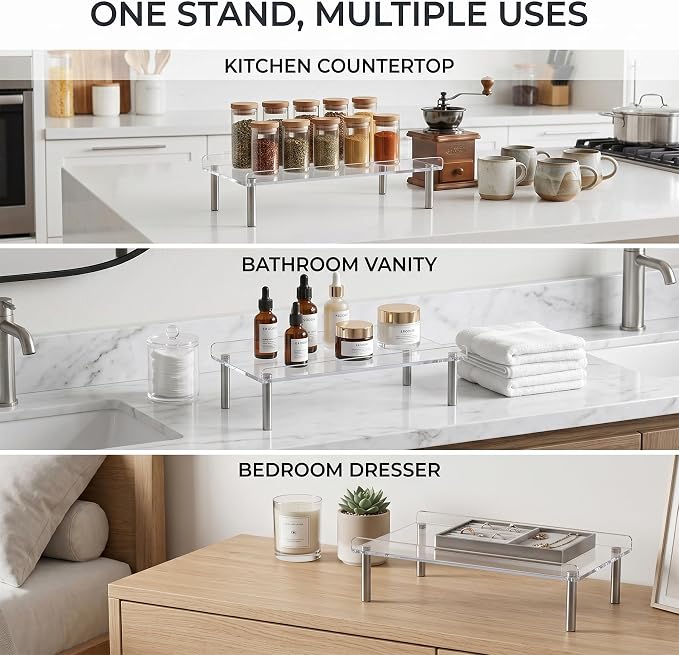 Clear Acrylic Riser, Display Stand, Large Transparent Monitor Riser Stand Acrylic Shelf with Non-Slip Feet, Desktop Organizer for Collectibles, Figurines, Cosmetics, Multifunctional Stand