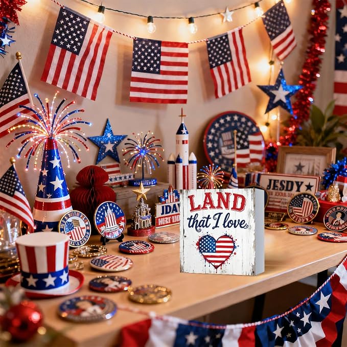 Patriotic Wooden Box Sign,Land That I Love 4th Of July Signs Home Decor,Independence Memorial Day Block Sign for Desk Shelf Tabletop Decor
