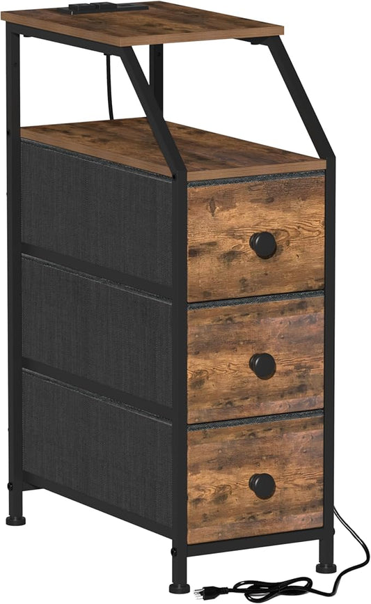 Tohomeor Narrow Dresser Tall Skinny Storage Tower Vertical Slim Chest of Drawers with Charging Station Small Nightstand Side Table for Bedroom, Bathroom, Small Spaces (Rustic Brown, 3 Drawers)