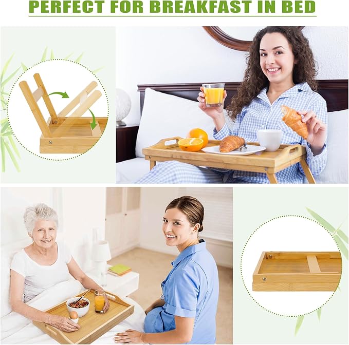 TOPULORS Breakfast in Bed Tray with Folding Legs, 15.7x11.8 Bamboo Lap Tray, Foldable Bed Table for Eating, Working, Tablet & Laptop Stand, Snack Tray with Handles for Adult and Kids, Serving Tray