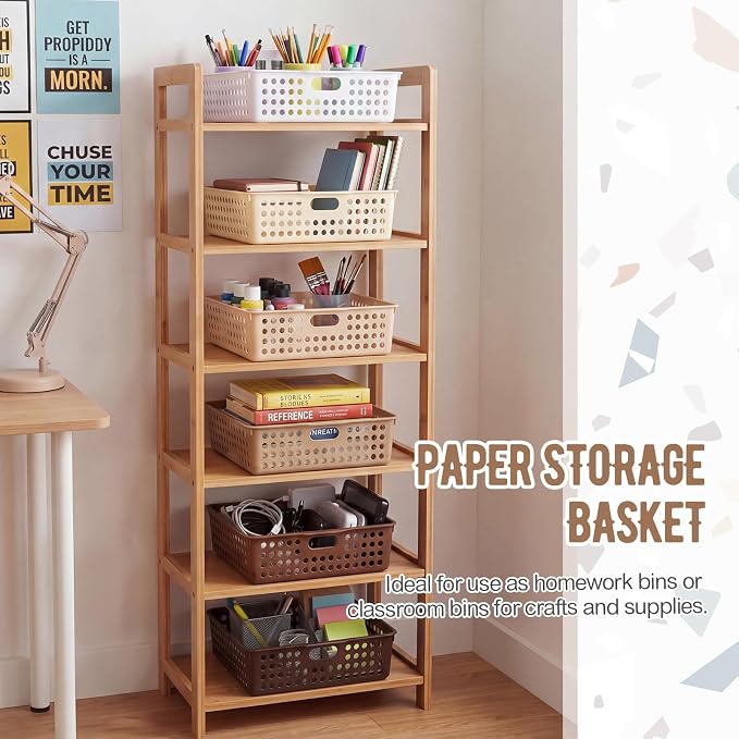 Geetery 6 Pack Classroom Storage Baskets with Handle 14''x10'' Paper Tray Holds A4 Turn in Trays Plastic Paper Baskets Desk Organizer Bin for Classroom, Library, Office, Home (Gradient Brown)