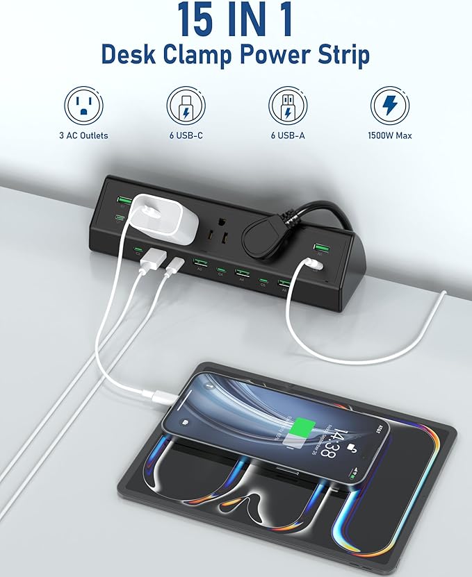 Jgstkcity 90W Desk Clamp Power Strip,12 USB Ports (6 PD 45W USB-C),Surge Protector,ETL Listed Power Hub Extension Cord,Fast Charging Station for Home Office Desk Edge Mount (Black,12 USB-90W)