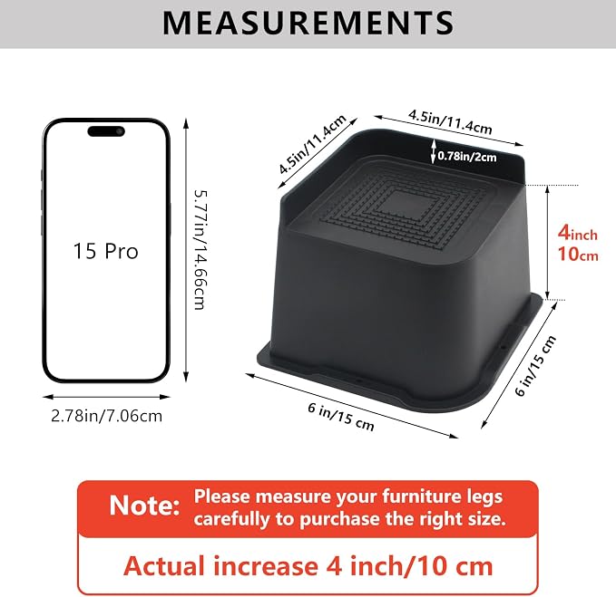 Bed Risers 4 inch Heavy Duty, 4 Pack Oversized Furniture Risers 6 inch, Black Bed Lifts Risers for Table, Sofa, Chair, Couch, Desk, Bed Frame Risers Supports Up to 6,500 Lbs