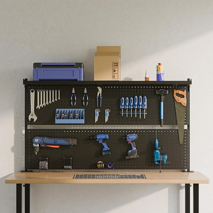 EUREKA ERGONOMIC Desk Pegboard with Dual Monitor Stands, LED Metal Pegboard for Gaming Desk, Privacy Panel with 4 Accessories Modular Hanging, Computer Accessories for Office, 59 x 34 Inch, Black