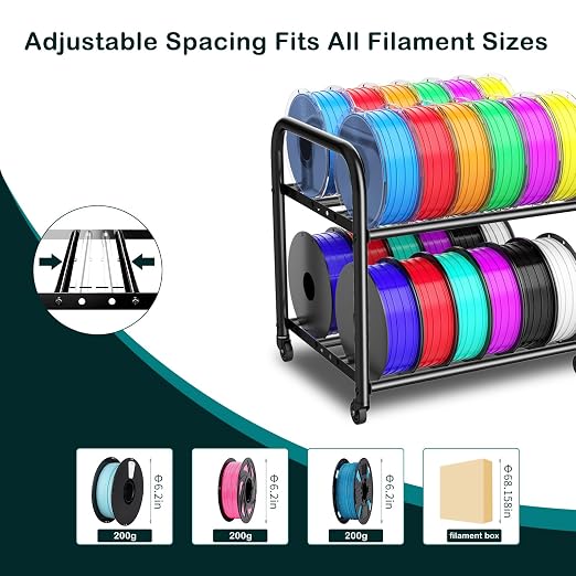 2-Tier Metal Filament Rack, Compact Under Desk 3D Filament Spools Rolling Cart with Adjustable Spools Storage Holds 24+ PLA/ABS/TPU Filaments, for Home, Office Workshop, Studio