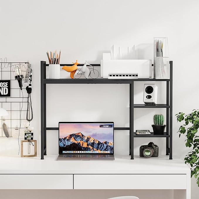Snughome Desk Shelf, 38.6" Desk Hutch for Computer Monitor, Desktop Organizer Shelf, 4 Tier Desk Display Rack, Wood Desktop Bookshelf Storage Rack for Home Office Dorm, Black