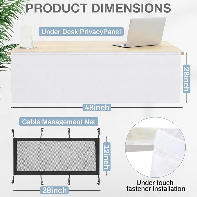 Tegeme 48'' Under Desk Privacy Panel with Cable Management Net Desk Skirt Self Adhesive Modesty Panel with Cord Organizer Pockets for Office Home Standing Workstation(White)