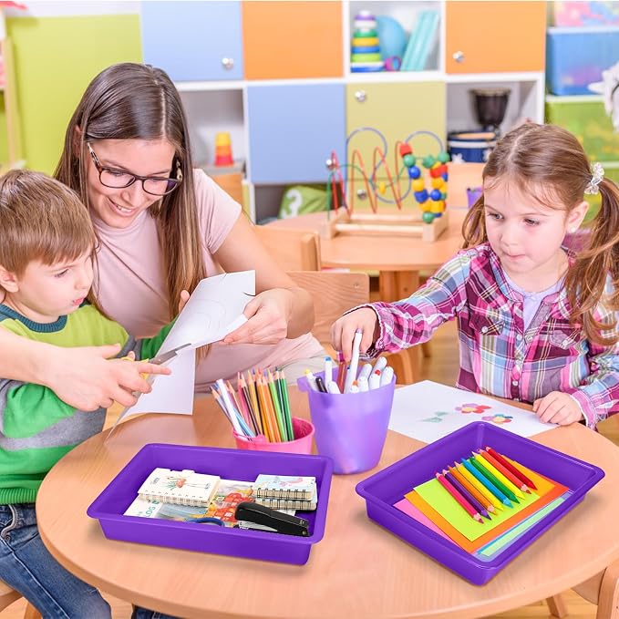 ShineMe 6 Pack Paper Trays for Classroom, Purple Plastic Book Bins with Colorful Labels, Stackable Letter Size Storage Tray, Desk Organizer Tray for Home, School and Office