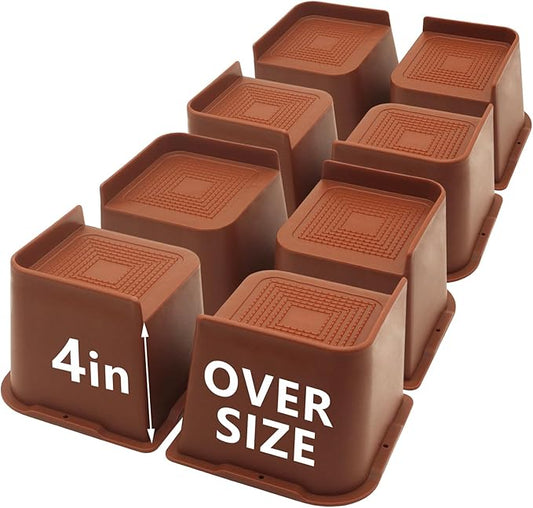 8 Pack Bed Risers 4 inch Heavy Duty Brown, Oversized Furniture Risers, Bed Lifts Risers for Table, Sofa, Chair, Couch, Desk, Bed Frame Risers Supports Up to 6,500 Lbs